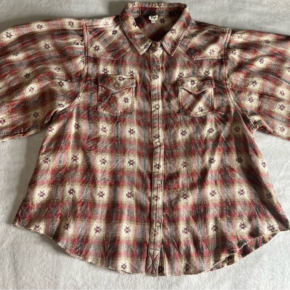 Ivy Jane Brown Burgundy Plaid Southwestern Balloon Sleeve Pearl Snap Shirt Sz L - Picture 7 of 12